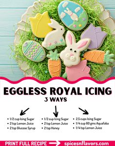 an easter eggless royal icing recipe on a plate with eggs and bunny cookies