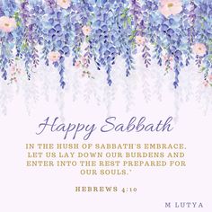 a greeting card with blue flowers and the words happy sabath in hebrew's embrace