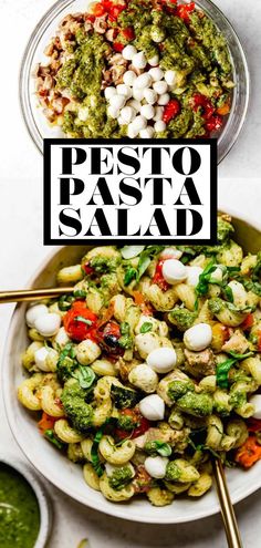 pesto pasta salad in a bowl with chopsticks on the side and text overlay that reads pesto pasta salad