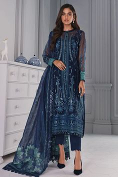 Royal Blue Heavily Embroidered Pakistani Salwar Kameez with Dupatta Pakistani Salwar, Shirt Trouser, Organza Sleeves, Salwar Kamiz, Pakistani Salwar Kameez, Embroidered Chiffon, Embroidered Dupatta, Organza Dupatta, Royal Blue Color