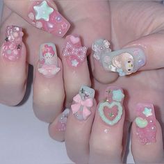 Cute Nail Ideas Pink, Duck Junk Nails, Junk Nails Short, My Melody Nails, Nail Ideas Pink, Cute Nail Ideas, Fruit Nail Art, Junk Nails