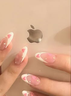 #nails french tips pastel pink heart nails Classy Acrylic Nails, Pretty Gel Nails, Almond Acrylic Nails, Soft Nails, Kawaii Nails, Heart Nails, Dream Nails, Fire Nails, Pretty Acrylic Nails