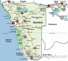 a map of namibia with all the major cities and their name in red on it