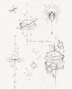 an ink drawing of some kind of insect and book with stars in the sky behind it