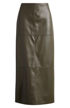 Details like pieced construction and an olive hue elevate the style of this faux-leather skirt cut to a midi length. 34 1/2" length (size 8) Hidden side-zip closure 100% polyurethane Machine wash, dry flat Unlined Imported Faux Leather Midi Skirt, Fall Wardrobe Essentials, Leather Midi Skirt, Romantic Dress, Sports Blazer, Dark Khaki, Made Clothing, Faux Leather Skirt, Pant Shirt