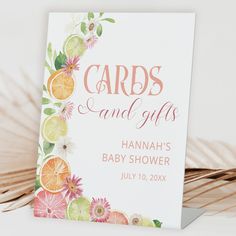 a card that says cards and gifts with oranges, lemons, and watermelon