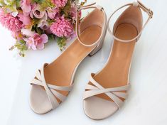 Short-heeled Beige Leather Bridal Shoes, 3cm Block Heel Sandals for Weddings, Ankle Strap Closure, Strappy Front Creamy Bridal Sandals - Etsy Medium Width Sandals For Summer Wedding, Medium Width Wedding Sandals For Summer, Summer Wedding Medium Width Sandals, Summer Wedding Shoes With Low Heel, Summer Wedding Low Heel Kitten Heels, Summer Wedding Kitten Heels With Round Toe, Spring Wedding Open Toe Kitten Heels, Cream Low Heel Sandals, Wedding Sandals Medium Width Low Heel