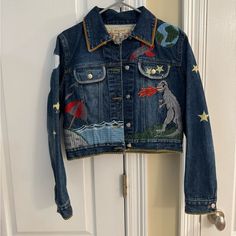 Perfect Condition See By Chloe Denim Jacket Fitted Long Sleeve Denim Jacket In Recycled Denim, Fitted Recycled Denim Outerwear For Fall, Blue Fitted Recycled Denim Outerwear, Chloe Jacket Free People, Embroidered Denim Outerwear In Medium Wash, Multicolor Bohemian Denim Jacket, Embroidered Multicolor Denim Jacket, Floral Embroidered Medium Wash Denim Jacket, See By Chloe