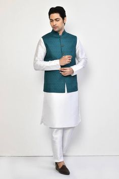 Blue sleeveless bundi with all over gardenia bloom print. Paired with a white full sleeves plain kurta and a pant. - Aza Fashions Plain Kurta, Kurta Set For Men, Kurta Set, Full Sleeves, Aza Fashion, Full Sleeve, For Men, Pants, Blue