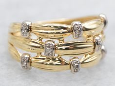 Add a touch of elegance to your look with this charming band. Featuring sparkling diamond accents and a woven design, this unique and playful band is perfect for those who love to stand out. Made with luxurious yellow and white gold, it's the perfect accessory for any occasion.Metal: 18K Yellow and White GoldGem: 8 Diamonds totaling .04 Carats, SI-I in Clarity, I-K in ColorWidth of Band: 9.9 mmHeight off Finger: 2.2 mmRing Size: 6Marks: "P18K ISRAEL" Stamped on the inside band Gold Diamond Band, Sparkling Diamond, Woven Design, Diamond Band, Gold Diamond Rings, Sparkle Diamonds, Diamond Bands, Diamond Rings, Gold Diamond