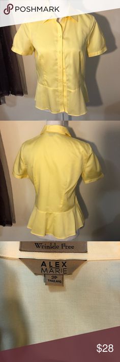 Alex Marie button down blouse 2P Elegant Alex Marie Wrinkle free blouse with short sleeves, summer yellow, size 2P.  Pairs nicely with khaki shorts, skirts, or pants with the princess waistline!  Excellent condition!!  Could pass for brand new!! Alex Marie Tops Button Down Shirts Alex Marie, Summer Yellow, Shorts Skirts, Khaki Shorts, Button Down Blouse, The Princess, Wrinkle Free, Button Downs, Button Down Shirt