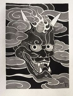 a black and white drawing of a demon with clouds in the sky behind it's head