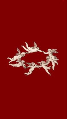 an image of angels flying in the sky with red background and white outline on it