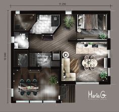 the top view of a floor plan with furniture and kitchen area in it, including dining room