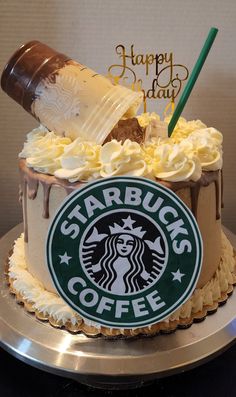 there is a starbucks cake on the table