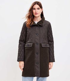 Spliced in sporty quilting and lush shearling, this perfectly cut coat is a fresh way to keep warm. Funnel neck. Button front. Long sleeves. Front button flap pockets. Hi-low shirttail hem.,Imported:Imported,Fit:Fit: Relaxed — an easy shape that's just shy of loose,Length:38" long,Fabrication:Upper Body/ Sleeves : 100% PolyesterFaux Fur : 100% PolyesterLining : 100% PolyesterFilling : 100% Polyester,Garment Care:Machine Washable Loft Shearling Mixed Media Coat Size Large Wetland Green Women's by Pinterest Predicts, Eclectic Grandpa, Medium Coat, Chic Cardigan, Social Dresses, Easy Shape, Petite Shorts, Retro Streetwear, Petite Jacket