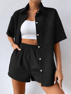 Two Piece Outfits Shorts And Shirt, Shorts And Shirt Outfits Women Casual, Shirt Shorts Set, Black Shirt And Black Shorts Outfit, Shirts With Shorts Outfits, Co Ords Shorts, Shirt With Shorts Outfits, Shorts And Shirt Outfit Women, Summer Fashion2023