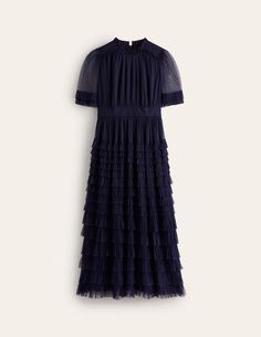 This dress has more ruffles than you have parties to attend this festive season (hence lots). It looks like you have made an effort but it couldn't be easier. Tulle Dress Blue, Ruffle Tulle Dress, Party Kleidung, Maxi Jersey Dress, Satin Maxi Dress, Midi Shirt Dress, Black Wrap Dress, Mini Boden