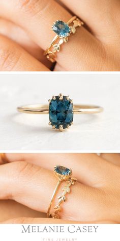 two different views of an engagement ring with a blue topazte stone in the center