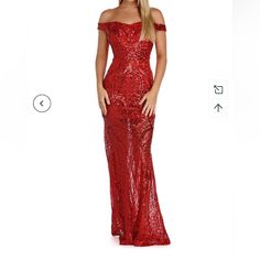 It Features An Off The Shoulder Neckline With Strap Accents. No Slip Strip And Semi-Sweetheart Bust. Slim Fit Bodice Leads To Flair Length Skirt. Vibrant Red Hue Is Complemented With Twinkling Sequin. Dress Is Composed Of A Mesh Fabric That Offers A Form Hugging Fit With Minimal Stretch. Includes Back Zipper With A Smooth Knit Lining. Approx. 60” Shoulder To Hem Bust 32” Waist 26” Size Medium New With Tags Sku# Z-9 ( Hanging Up) Red Off-shoulder Holiday Dress, Red Sequin Maxi Dress For Party Season, Red Off-shoulder Maxi Dress For Date Night, Red Off-shoulder Dress For Party Season, Elegant Christmas Red Carpet Dress, Red Off-shoulder Maxi Dress For Party, Glamorous Red Holiday Dress, Red Christmas Dress For Red Carpet, Green Lace Maxi Dress