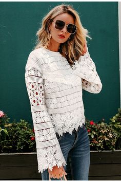 Timelessly chic. ourWhite Floral Lace Long Sleeve Blouse Top will be your go-to for any occasion.Boasting white lace overlay in afeminine floral pattern. team this lovely women's blouse withdenim anda pair of sunnies and statement earringsto look instantly party-ready. Machine Wash Cold. Dry Flat Long Sleeves 60% Acrylic and 40% Polyester No Closures Old Texture, Lace Blouse Long Sleeve, Trumpet Sleeve, Ladies Shirt, Lace Long Sleeve, Women Hoodies Sweatshirts, Short Sleeved Sweaters, Lace Overlay, Dress Romper