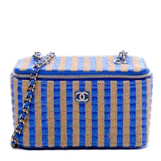 Gorgeous Chanel Vanity Raffia Bag Designer Blue Tote Box Bag, Designer Blue Top Handle Box Bag, Designer Blue Box Bag With Top Handle, Designer Blue Box Bag With Removable Pouch, Designer Blue Box Bag For Shopping, Designer Blue Box Bag For Travel, Travel Blue Box Bag, Blue Tote Box Bag With Gold-tone Hardware, Chanel Vanity