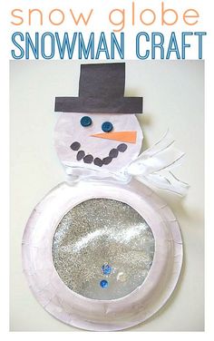 a paper plate with a snowman craft on it and the words snow globe above it