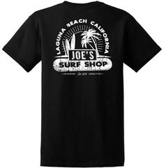 Joe's Surf Shop Vintage Beach Logo Heavyweight Cotton Tee Black Surfing T-shirt With Screen Print, Black Screen Print Surfing T-shirt, Black Graphic Print T-shirt For Surfing, Black Surfing T-shirt With Letter Print, Black Letter Print T-shirt For Surfing, Surf T Shirts, Beach Logo, Coastal Breeze, Surf Tshirt