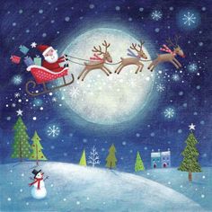 santa's sleigh with reindeers and snowman in the night sky