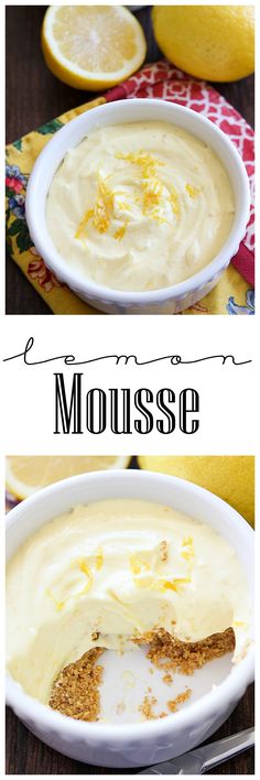 there is a bowl of soup with lemons in it and the words mousse above it