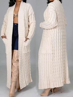 Blanco Casual Collar manga larga Lana Peinada Liso  Embellished No-Elástico Long Sweater Coat, Cardigan Casual, Áo Len Cardigan, Long Sweater, Sweater Coat, Cable Knit Cardigan, Cardigan Fashion, Cable Knit Sweater, Sweater Coats