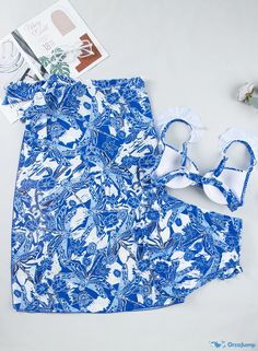 OrcaJump - 3-Piece White Floral Print Ruffled Bikini Set with Matching Cover-Up Blue Floral Print Spring Cover-up, White Floral Print Swimwear For Beach Cover-up, Blue Floral Print Summer Cover-up, White Floral Print V-neck Swimwear, Floral Print One Size Beach Cover-up, White Style, 3 Piece, Bohemian Style, Cover Up