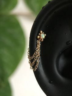 a close up of a ring with chains attached to it and a green leaf in the background