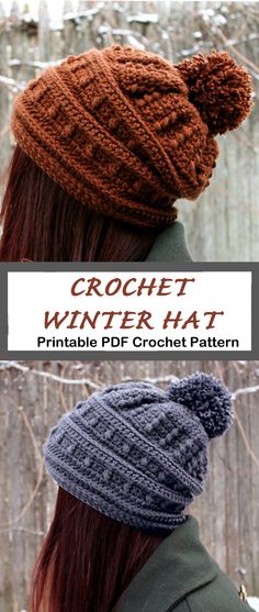 the crochet winter hat is shown in two different colors