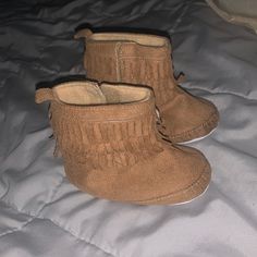 Baby Girl Frill Boots Size 12-18 Months. Has The Grips On The Bottom For New Walkers. Never Worn. Cute Brown Booties For Playtime, Casual Moccasins With Round Toe For Playtime, Casual Round Toe Moccasins For Playtime, Casual Round Toe Moccasins, Cute Brown Non-slip Booties, Brown Booties With Soft Sole For Fall, Spring Brown Booties With Soft Sole, Fall Soft Sole Closed Toe Booties, Cute Closed Toe Booties For Fall