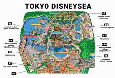 the tokyo disneyland map is shown with all its locations and their name on it's side