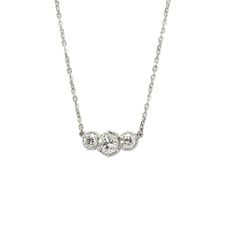 Our Marigold three-stone diamonds are set in beaded pods. It is suspended from the cable chain. About this necklace: Made in solid 14k white gold (rhodium plated) choose from different weights, 1.1ctw Total 1.1ctw three diamonds (shown) 0.6ct round center, (2) 0.25ct sides Color G-H, clarity SI1 Your choice of a 16-inch diamond-cut 1.4mm cable chain with lobster Please allow 3-4 weeks for shipping. If you need it sooner, we can sometimes expedite. Thinking of using a different stone? We can cust Free Spirit Style, Three Stone Diamond, Design Skills, Three Stone, Bridal Rings, Diamond Cut, Cable Chain, Rhodium Plated, Custom Jewelry