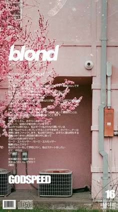 a magazine cover with pink flowers on the side of a building and words that read, god speed