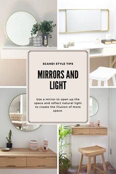 various mirrors and lights are featured in this collage with the words, scandi style tips