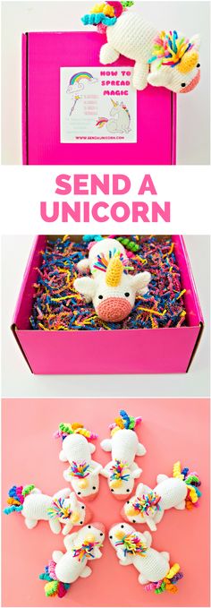 a pink box filled with stuffed animals and sprinkles