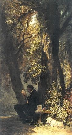 a painting of a man reading in the woods