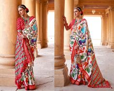 This white and red color weaving printed patola saree is beautifully designed for sure shot head turner for your forthcoming parties, festivals or family gatherings. This patola saree has prints with zari border and tassels on pallu. It is a perfect pick for all kinds of occasions. It comes with an attached blended silk blouse piece.  The unstitched blouse can be customized upto 44 inches. Do Note: All the accessories shown are for styling purpose only. Slight color variation may occur due to ph Blouse For Bride, Drapping Saree, Peach Saree, Blouse Stitching, Ikat Saree, Lace Saree, Bride Party, Purple Saree, Orange Saree