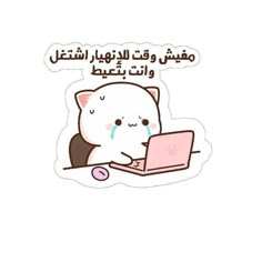 a sticker with an image of a cat on a laptop and the words in arabic above it