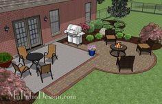 an outdoor patio with chairs, table and grill