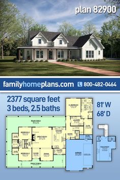 two story house plan with 3 beds, 2 baths and an open floor plan in the front