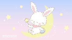 a cartoon bunny sitting on the moon with stars in its lap and holding a wand