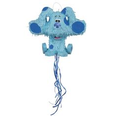 a blue stuffed animal hanging from a string