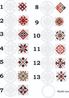 the cross stitch pattern is shown in red, white and blue colors with numbers on each side