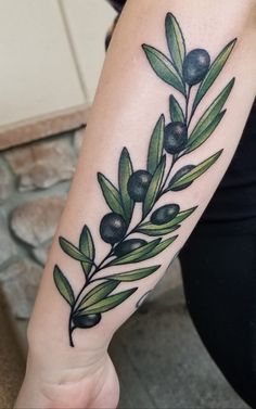 an olive branch tattoo on the arm