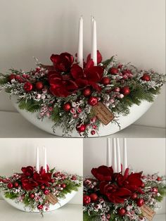 three pictures of red flowers and candles in a white bowl with greenery on top